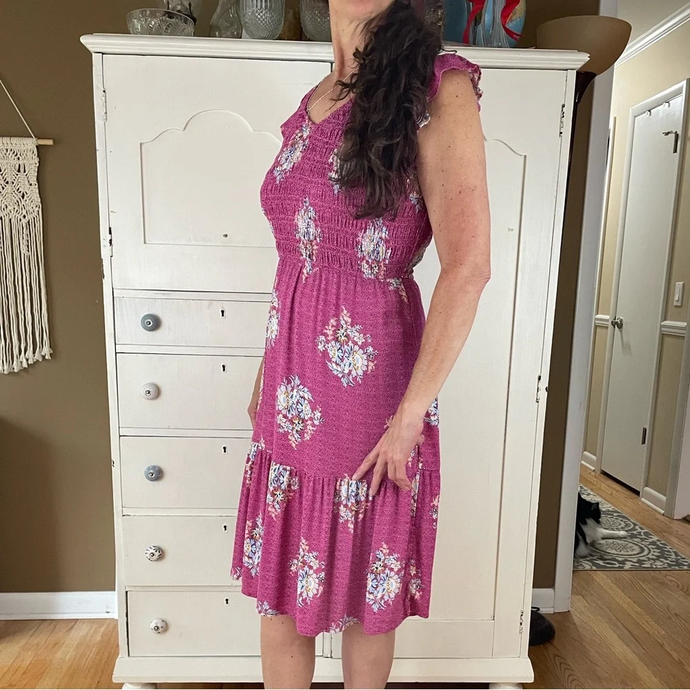 LOFT Pink Flutter Sleeve Sundress smocked midi Petite M